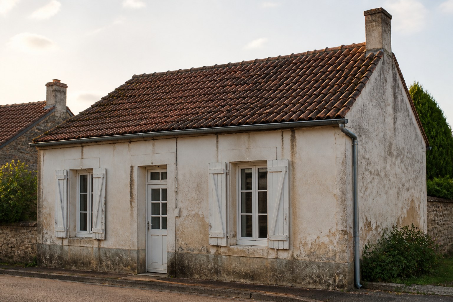 Maison en tuiles avec façade tachée avant rénovation