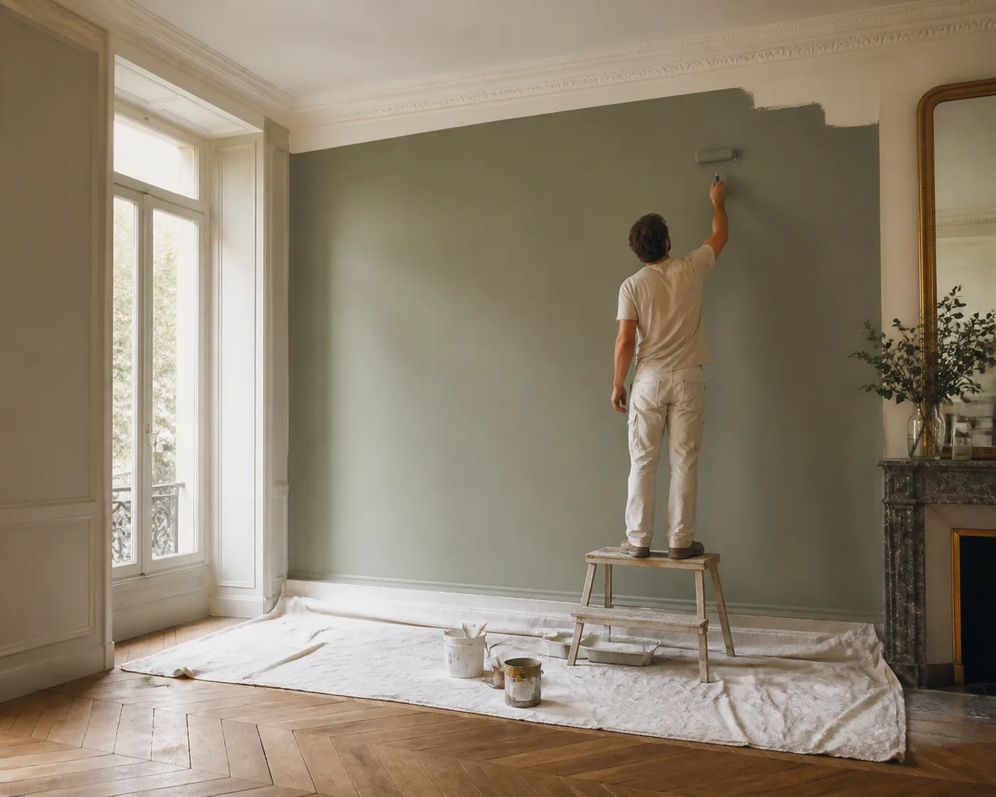Application d’une peinture intérieure vert minéral